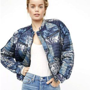 Free People Blue White Paisley Quilted Patchwork Bomber Jacket. S